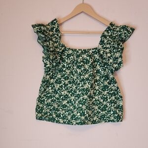 LUNA MOON Embroidered Floral Ruffle Green Top, size L